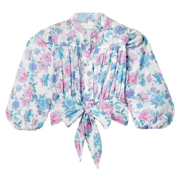 LoveShackFancy Tops - Loveshackfancy Cropped White & Pink Triste Shirt Size M